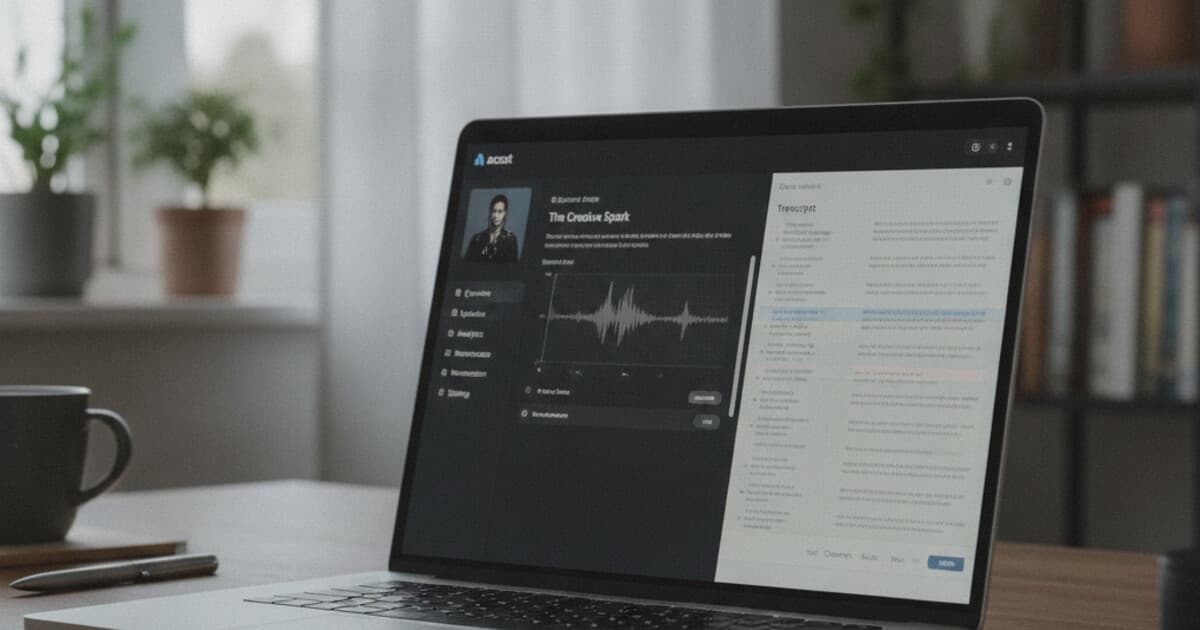 Acast podcast Creator Studio dashboard showing an episode editor with a transcript panel open