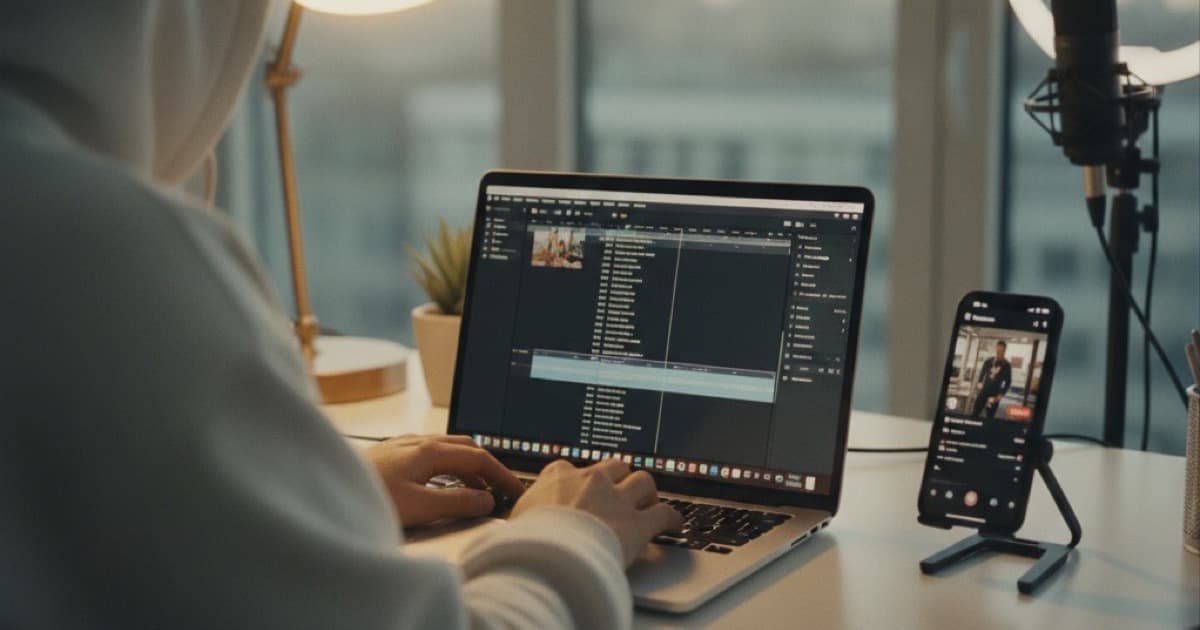 Content creator editing a vertical video with subtitle text on a laptop screen