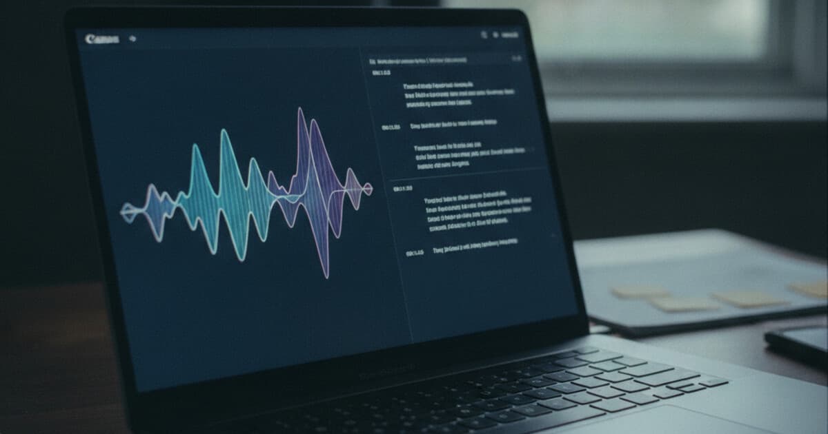 Audio waveform on the left converting to a clean text transcript on a laptop screen