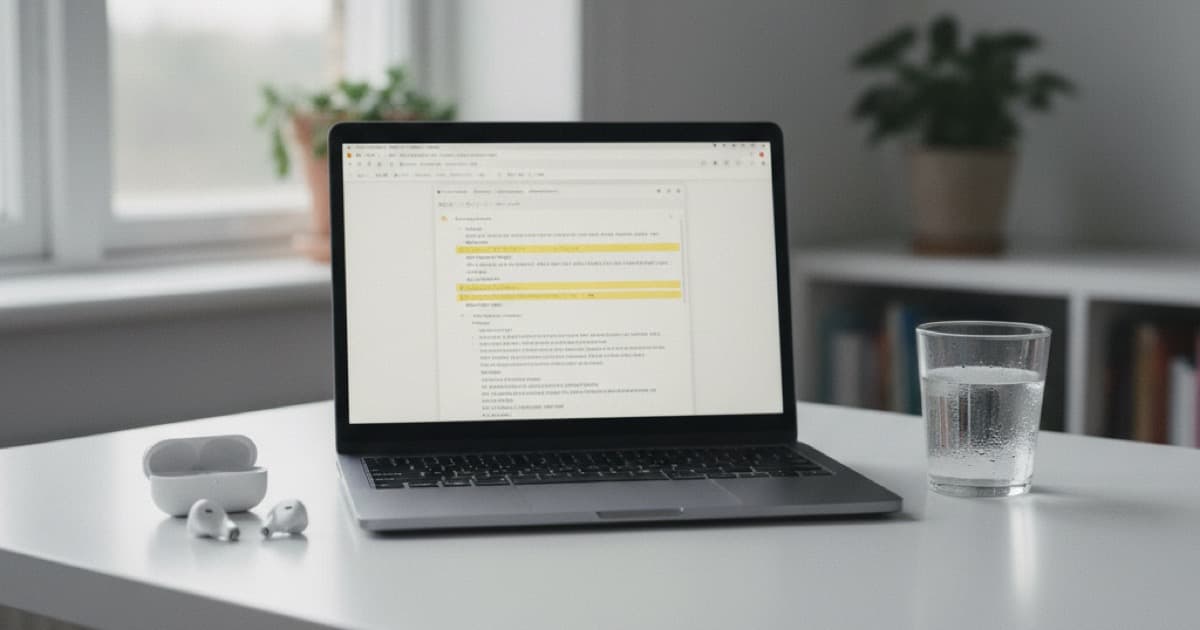 A laptop showing a transcript document on a clean white desk with earbuds and a glass of water