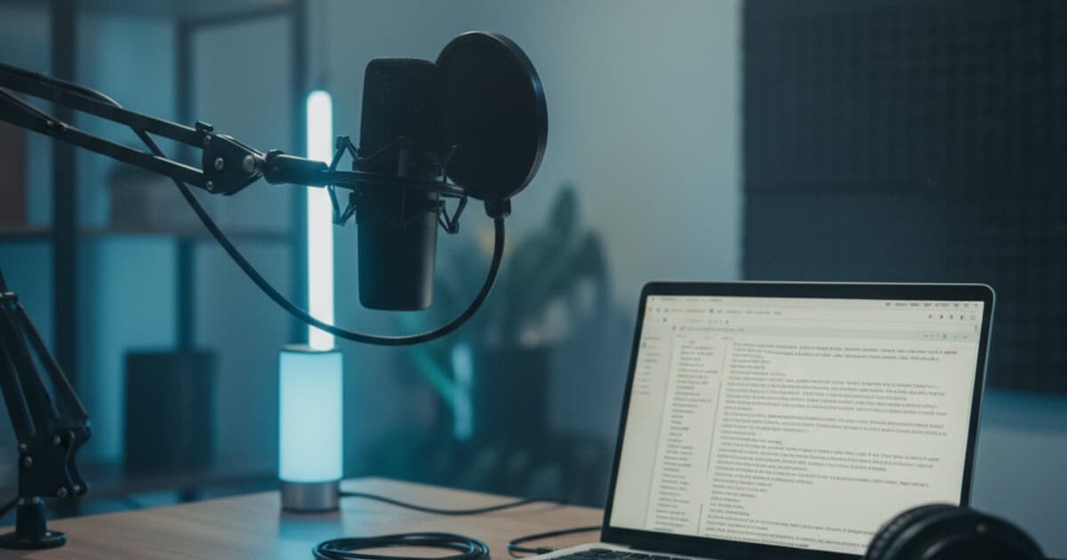 Podcast microphone on desk with transcript text on laptop screen