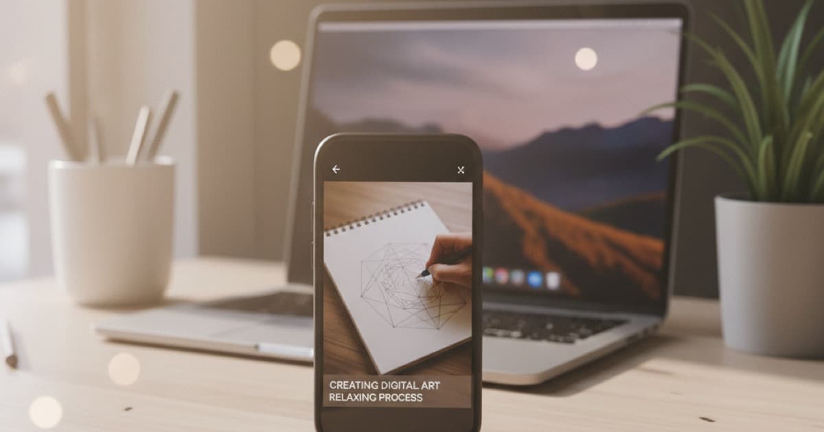Smartphone displaying a TikTok video with a text transcript overlay on a clean desk with a laptop in the background