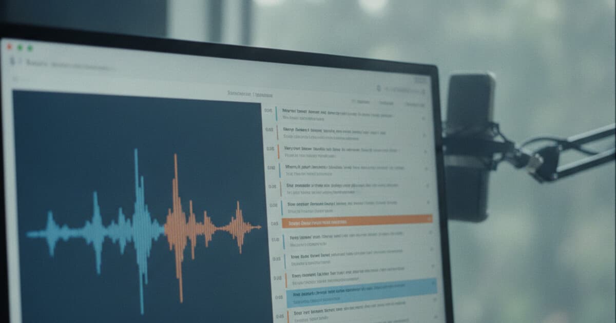 Buzzsprout podcast episode being transcribed to text with timestamps and export options shown in a clean modern interface
