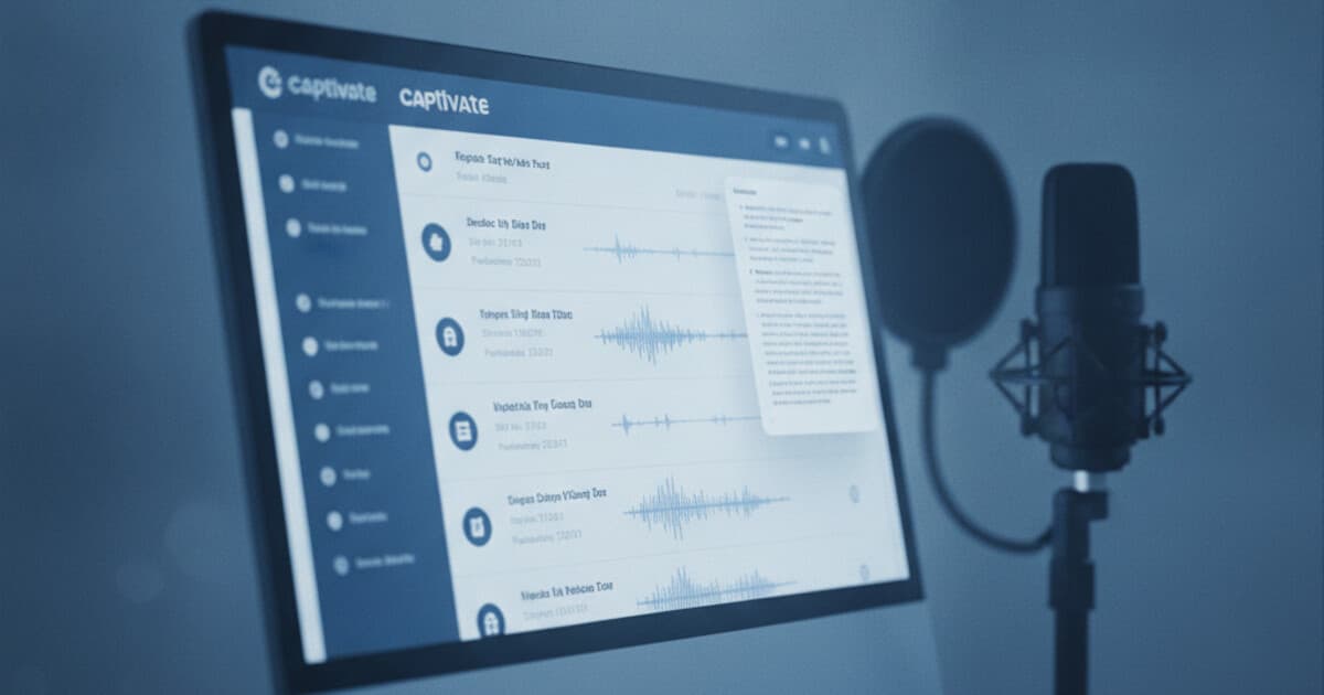 Captivate podcast hosting dashboard showing episode management with transcript text and audio waveform