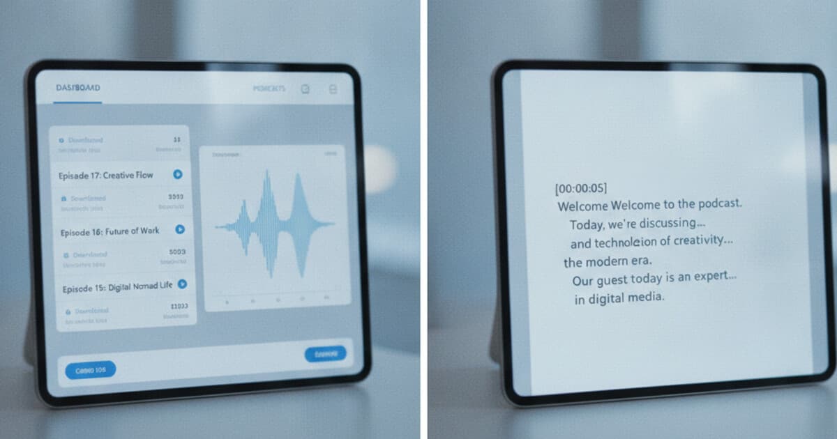 Castos podcast hosting dashboard showing episode management page with a transcript document open beside it