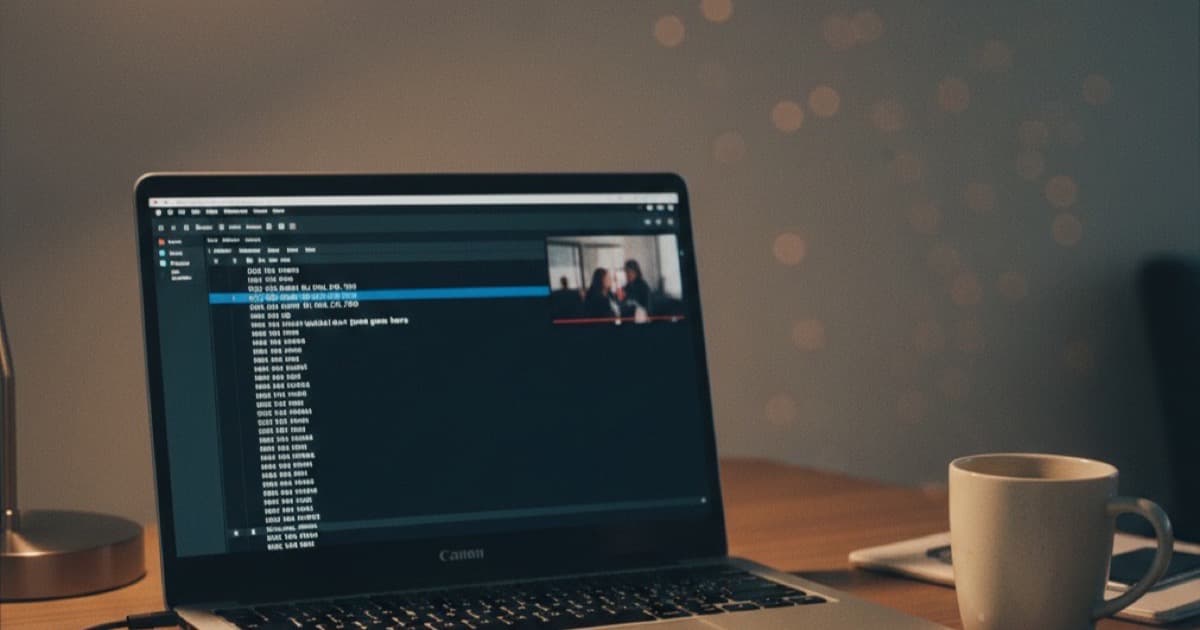 Laptop screen showing text editor with timestamped subtitle entries, coffee mug and notebook on desk