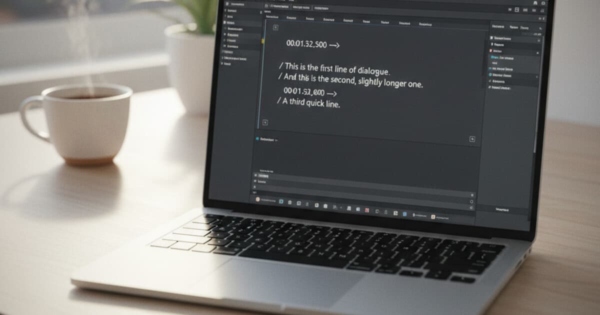 Laptop screen showing a subtitle editor with SRT caption text on a clean desk with soft natural window light