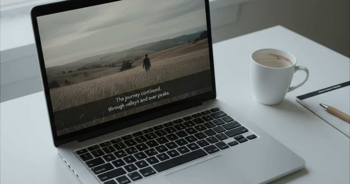 A laptop screen showing a subtitle file editor with video frames and caption text on a clean desk