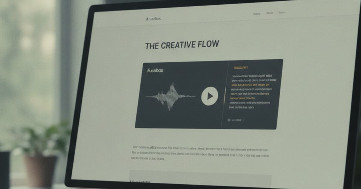 Fusebox podcast player widget on a website showing an interactive transcript panel with highlighted text scrolling alongside the audio