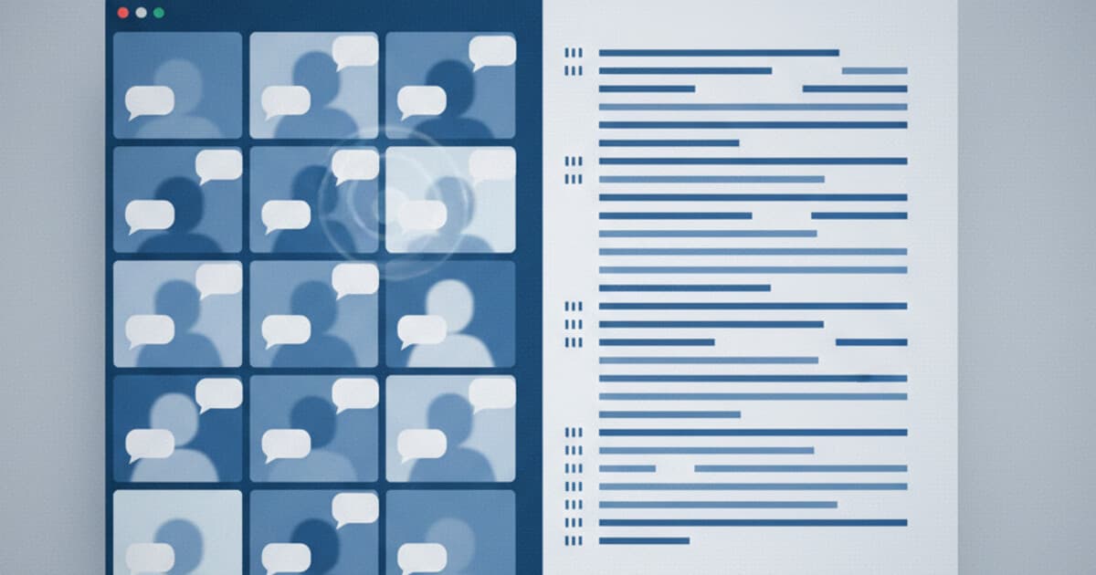 Split screen showing a Google Meet video call on the left and a timestamped text transcript on the right