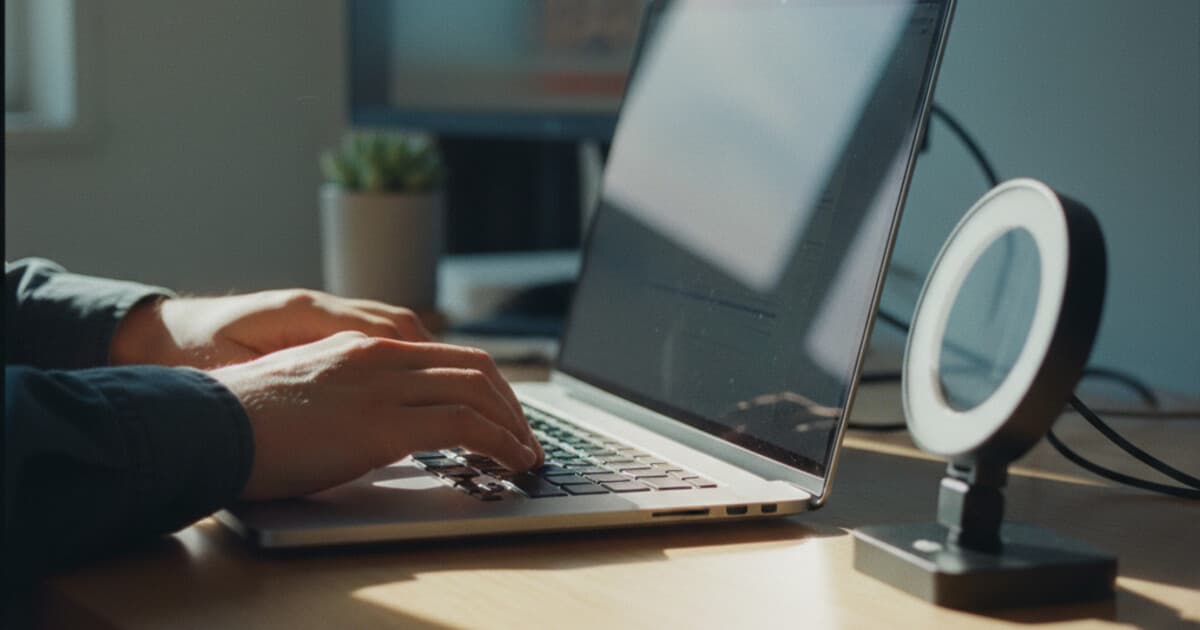 Hands on a laptop keyboard in a home studio setup with soft afternoon light