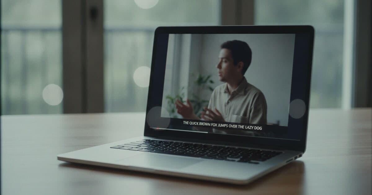 Laptop screen showing a video player with subtitle text visible at the bottom of the frame