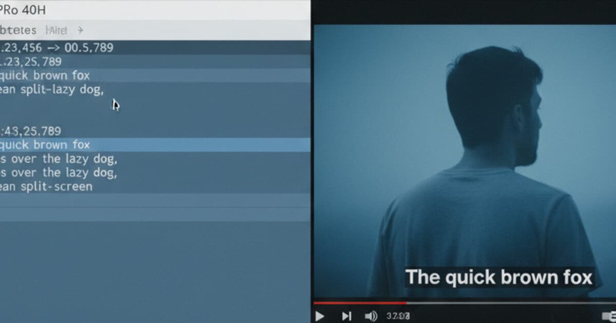 Split-screen showing an SRT subtitle file on the left and a video player with burned-in captions visible on the right