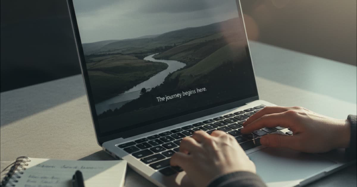 Hands on a laptop keyboard with a YouTube video paused on screen showing subtitle text