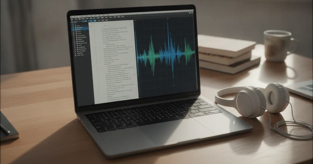 Laptop on a wooden desk showing a transcript document with audio waveform, headphones beside it, soft natural window light