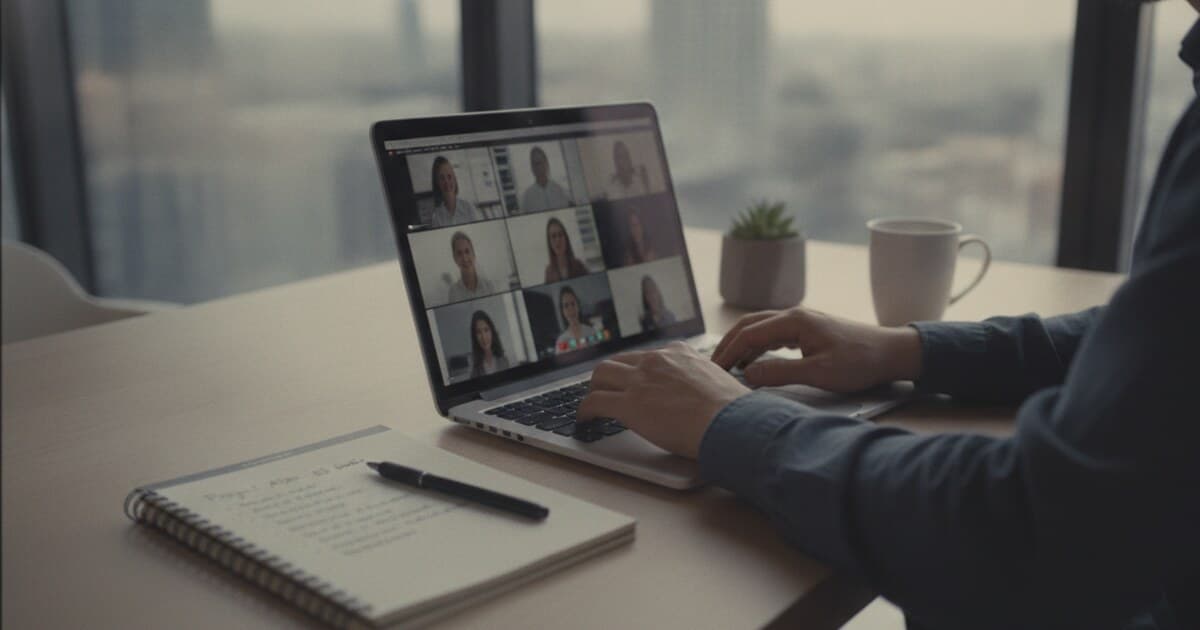 Person taking structured meeting notes on a laptop during a video conference call