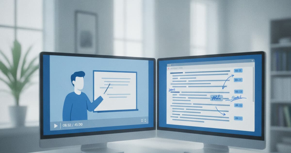 Split-screen showing a paused video lecture on the left and an annotated text transcript with timestamps on the right