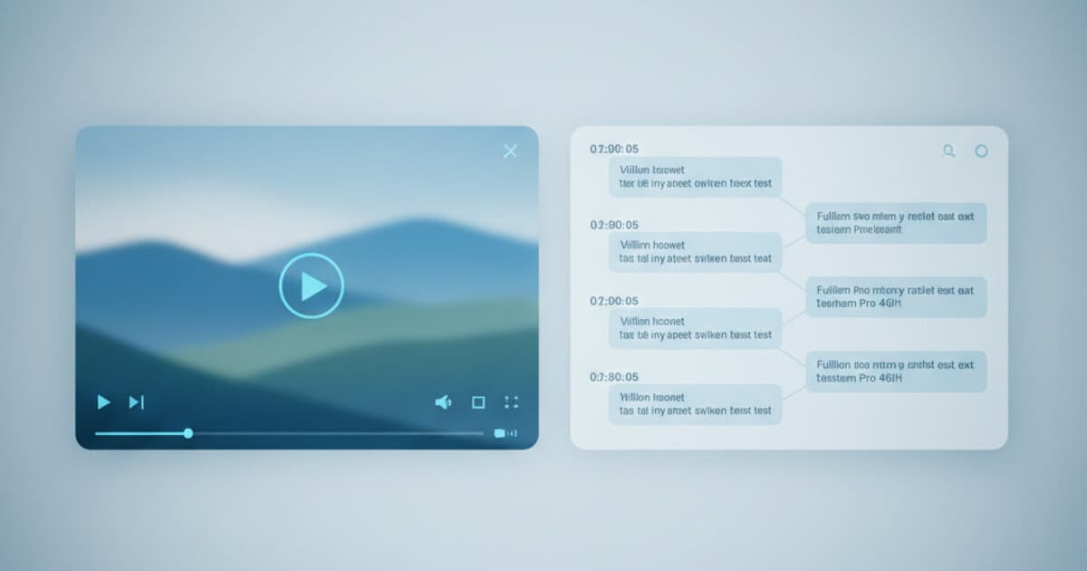 Video player on the left and a timestamped text transcript on the right, minimal blue and white interface