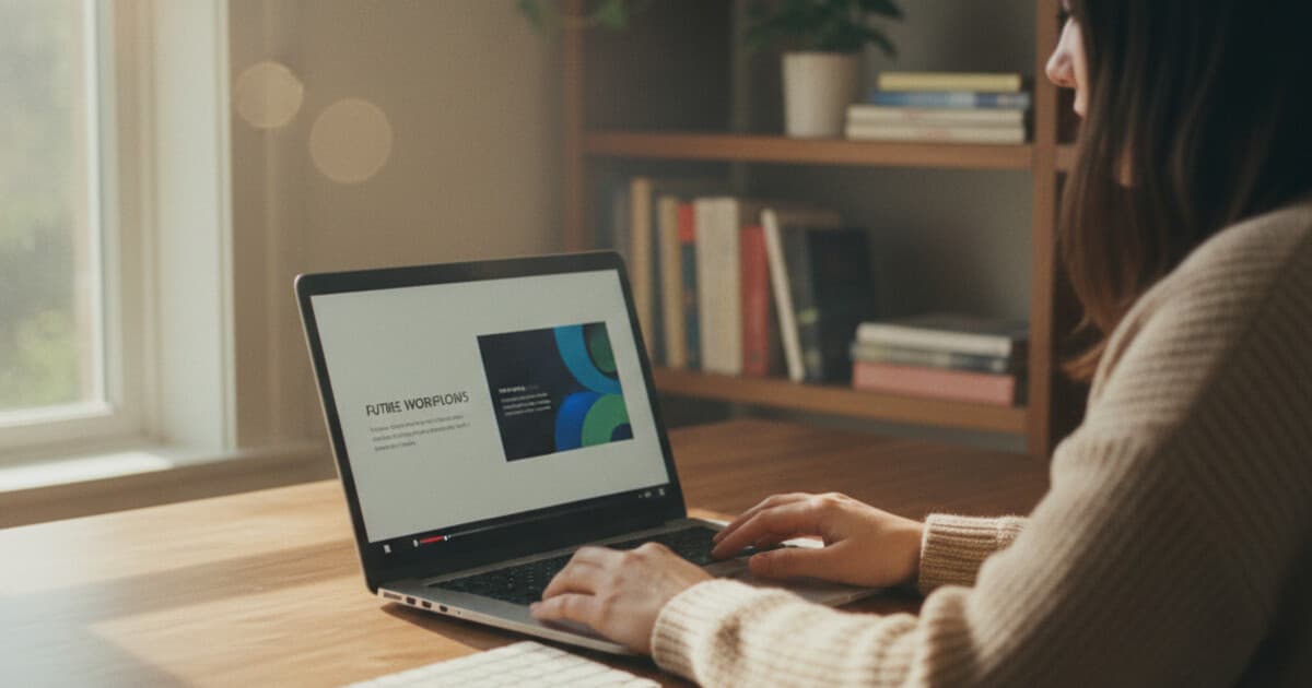 Person at a home office desk with a laptop showing a paused webinar presentation, soft natural light from the left