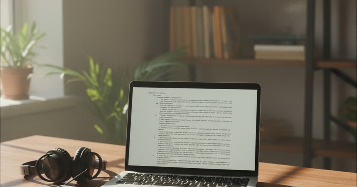 Journalist with headphones reviewing a transcript on a laptop next to a recording device