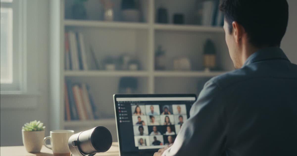 Person at a home office desk with laptop showing a video conference call and a USB microphone in the foreground