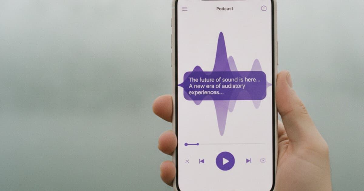 iHeartRadio podcast interface with transcript text overlay on a smartphone screen