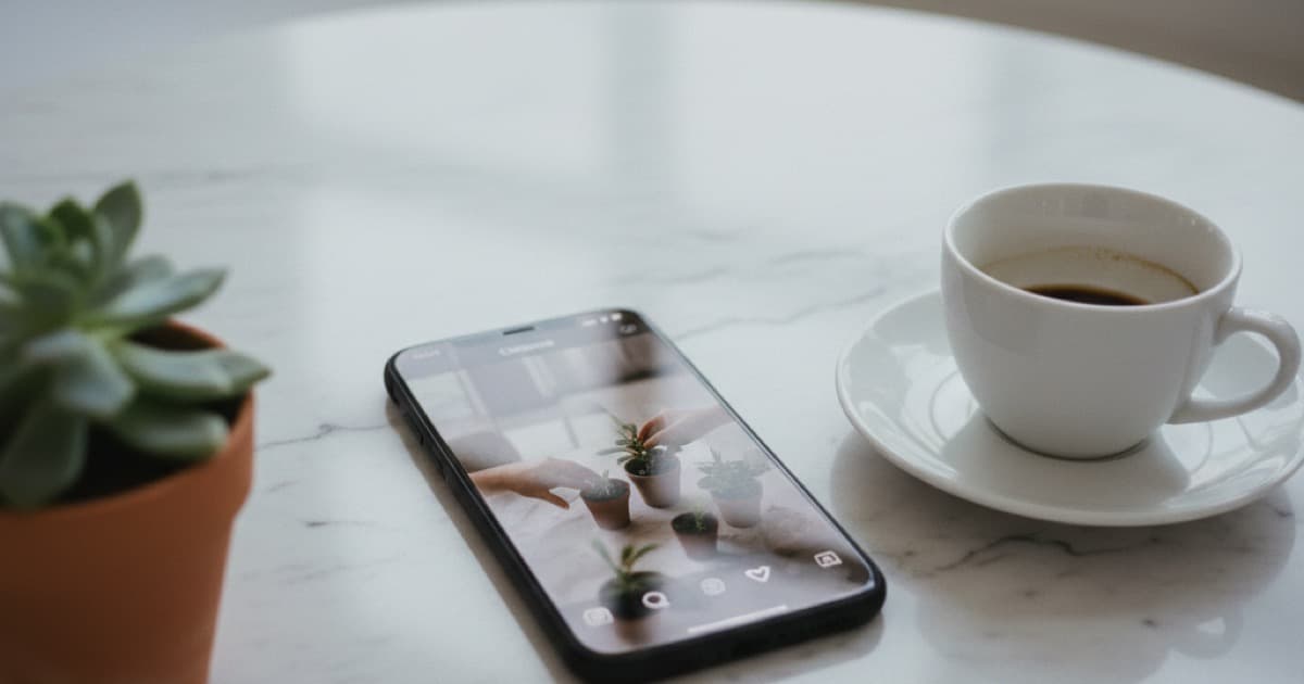 Smartphone on marble surface showing Instagram app with a Reel playing, coffee cup nearby