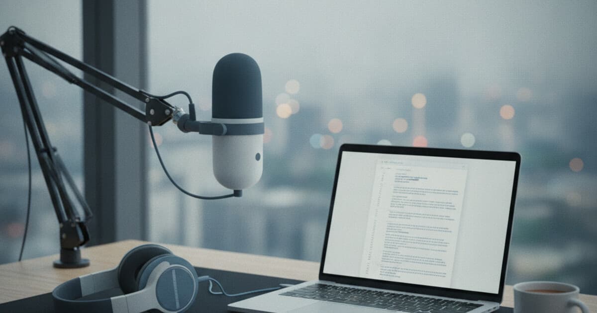 Podcast microphone on a desk next to a laptop showing a text transcript document