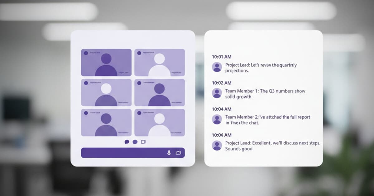Microsoft Teams meeting interface with a transcript panel open showing timestamped speaker text
