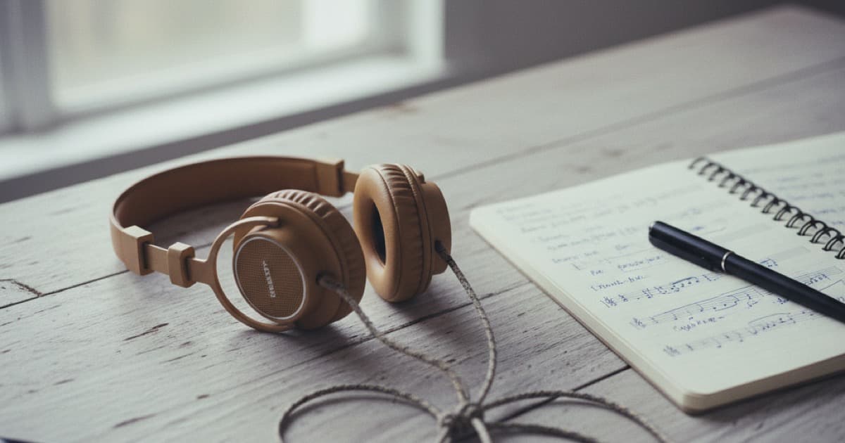 Headphones on a wooden desk next to a notebook with handwritten notes and a pen