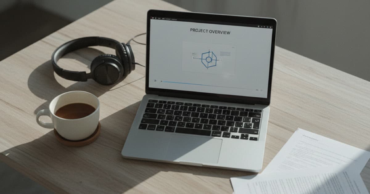 Laptop on a wooden desk showing a video player with a printed transcript and coffee mug