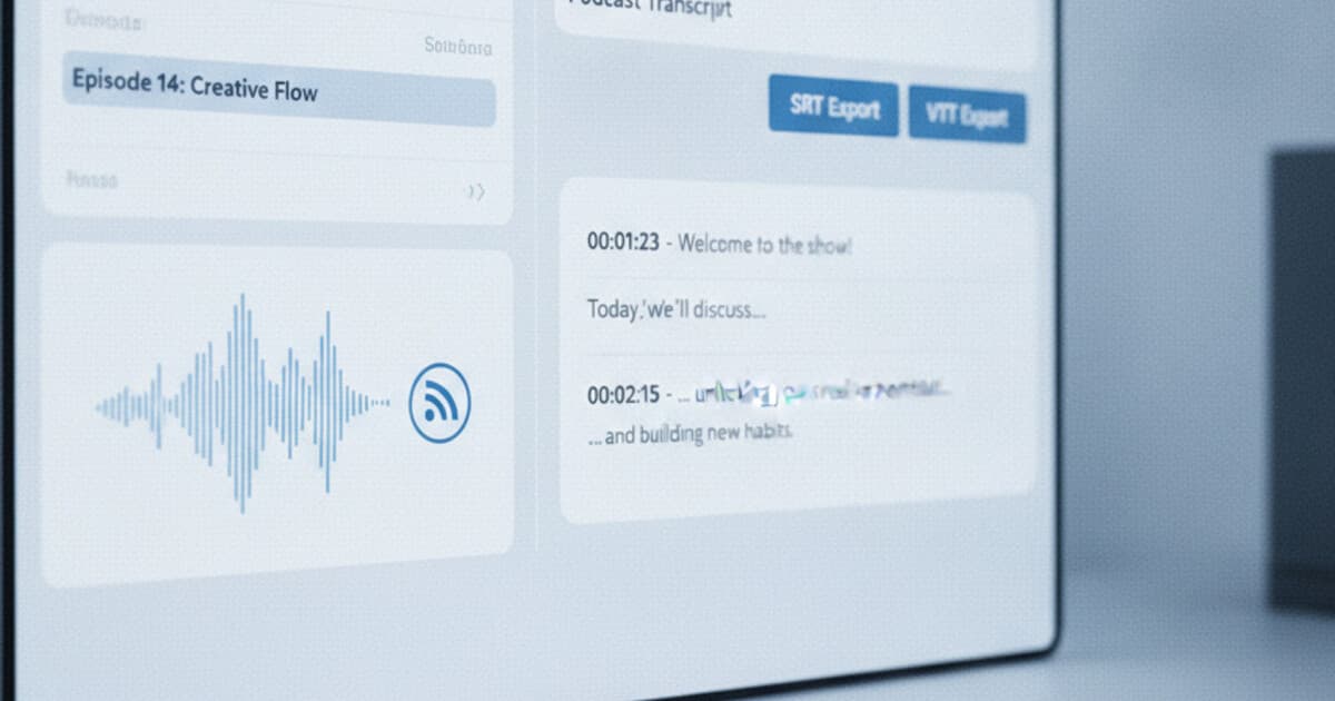 Podserve podcast hosting dashboard showing episode management beside PixScript's web interface displaying a timestamped transcript with SRT and VTT export options