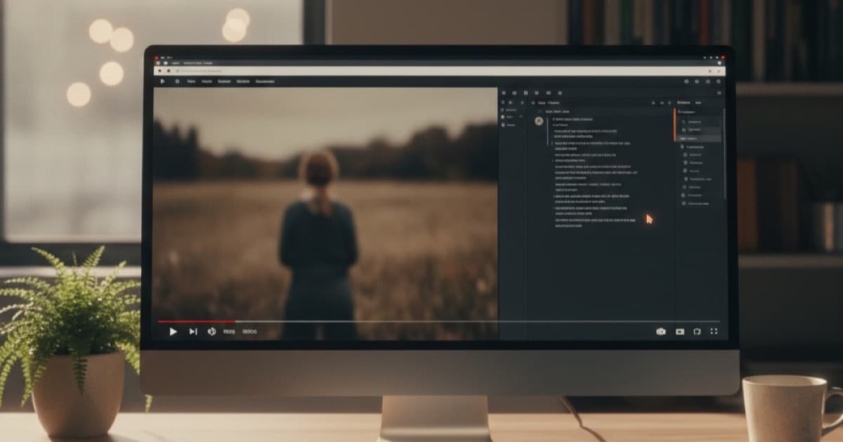 Split screen showing a YouTube video player on the left and a blog post editor on the right in a clean modern workspace