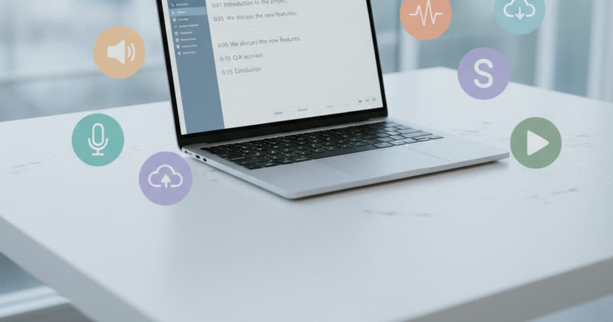 Laptop on a clean white desk showing a transcription interface with text and timestamps, five app icons representing different transcription tools arranged around it