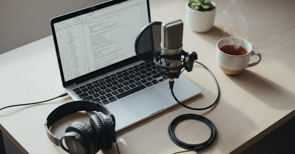 Podcast recording setup with a laptop displaying a transcript document and headphones on a clean desk