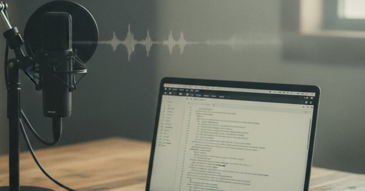 Podcast microphone beside a laptop showing a text transcript on screen