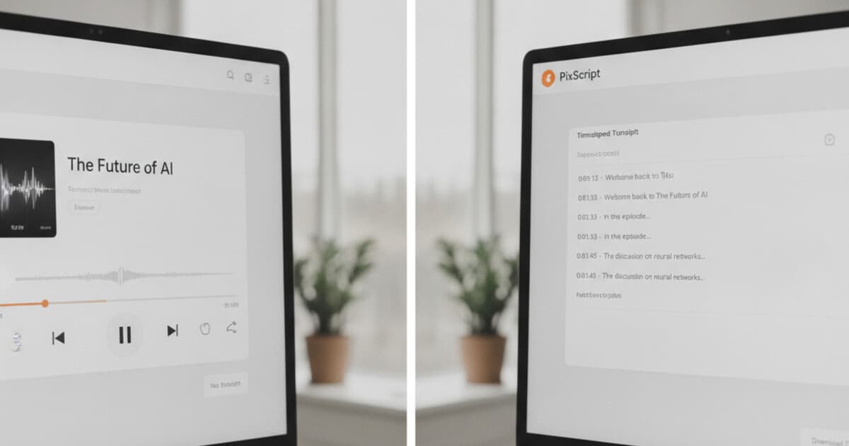 SoundCloud web player showing a podcast episode with no transcript option, alongside PixScript's file upload interface displaying a completed transcript with timestamps