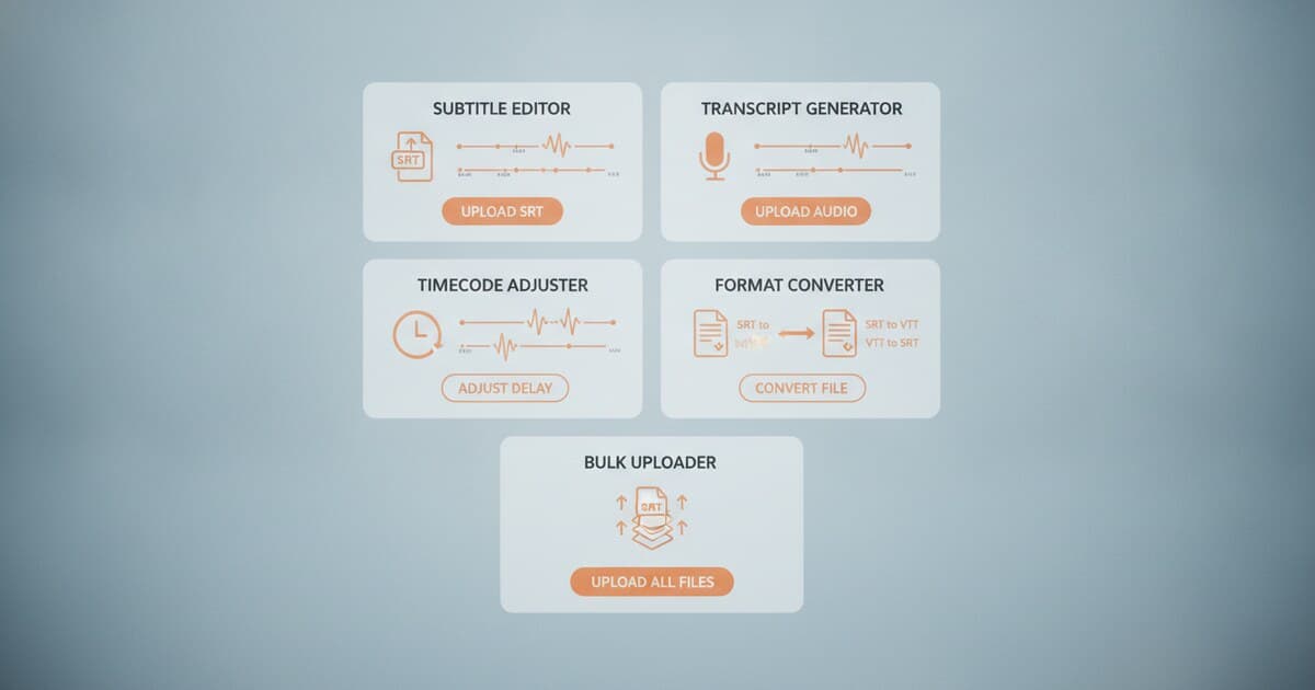 Five SRT file generator tool cards compared — PixScript, BlazeScribe, Notta.ai, Clideo, and sozai.app arranged in a comparison layout