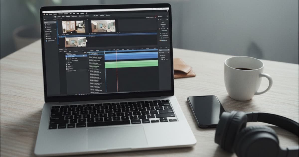 Laptop on wooden desk showing video editing timeline with subtitle tracks, headphones and smartphone beside it