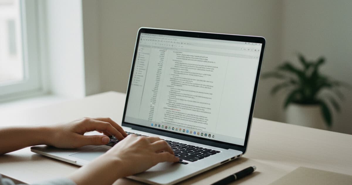 Hands on laptop keyboard with a video transcript document on screen