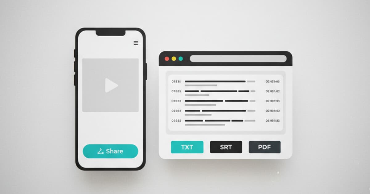 Smartphone displaying TikTok with a share button highlighted, next to a browser showing a timestamped text transcript with export format options