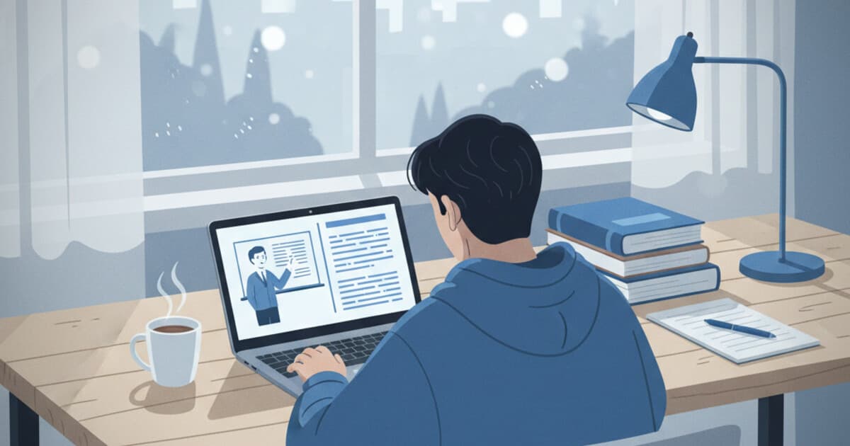 Student at a desk with a laptop showing a lecture video on one side and a text transcript on the other