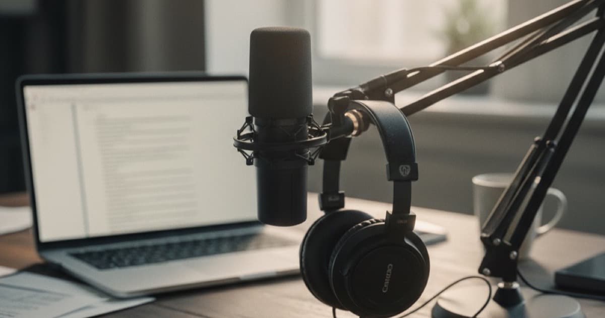 Podcast microphone on desk arm with laptop showing text document in the background, warm studio lighting