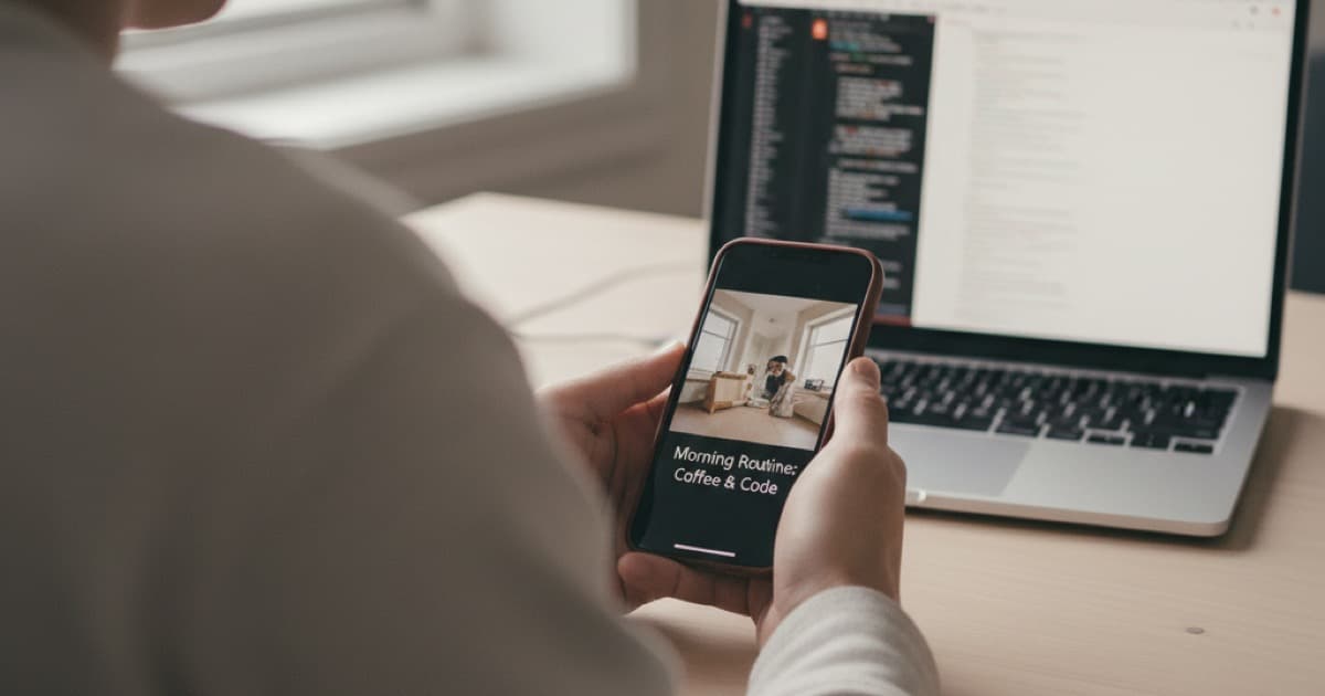 Person holding smartphone showing vertical video with caption text, laptop with text document in the background
