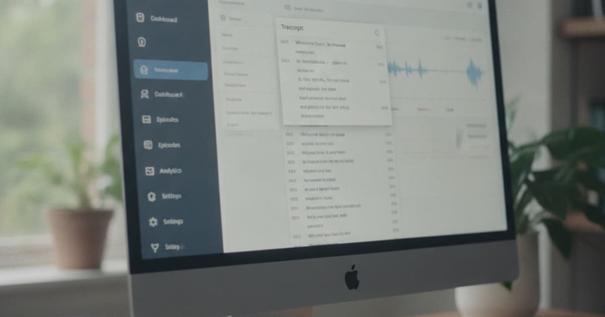 Transistor podcast dashboard showing an episode transcript tab with timestamped text