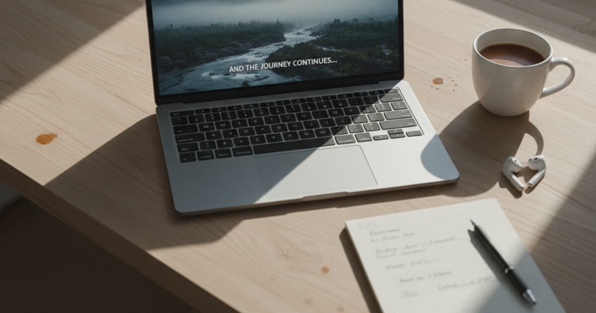 Overhead view of a laptop showing a video player with subtitles on a light wooden desk with notepad and earbuds