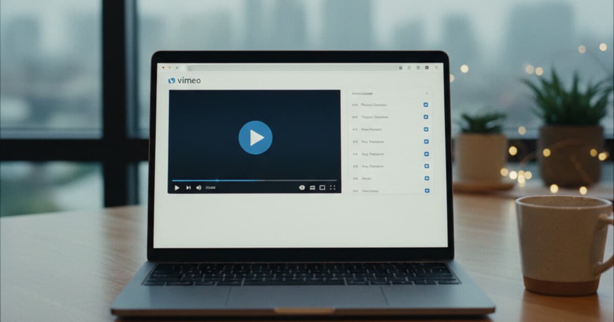 Vimeo video player with a transcript panel open on the right side showing timestamped text