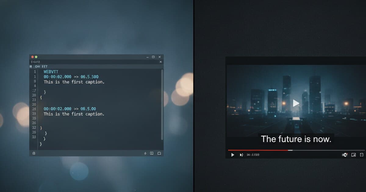 WebVTT file with timestamps displayed in a code editor next to a web video player showing captions