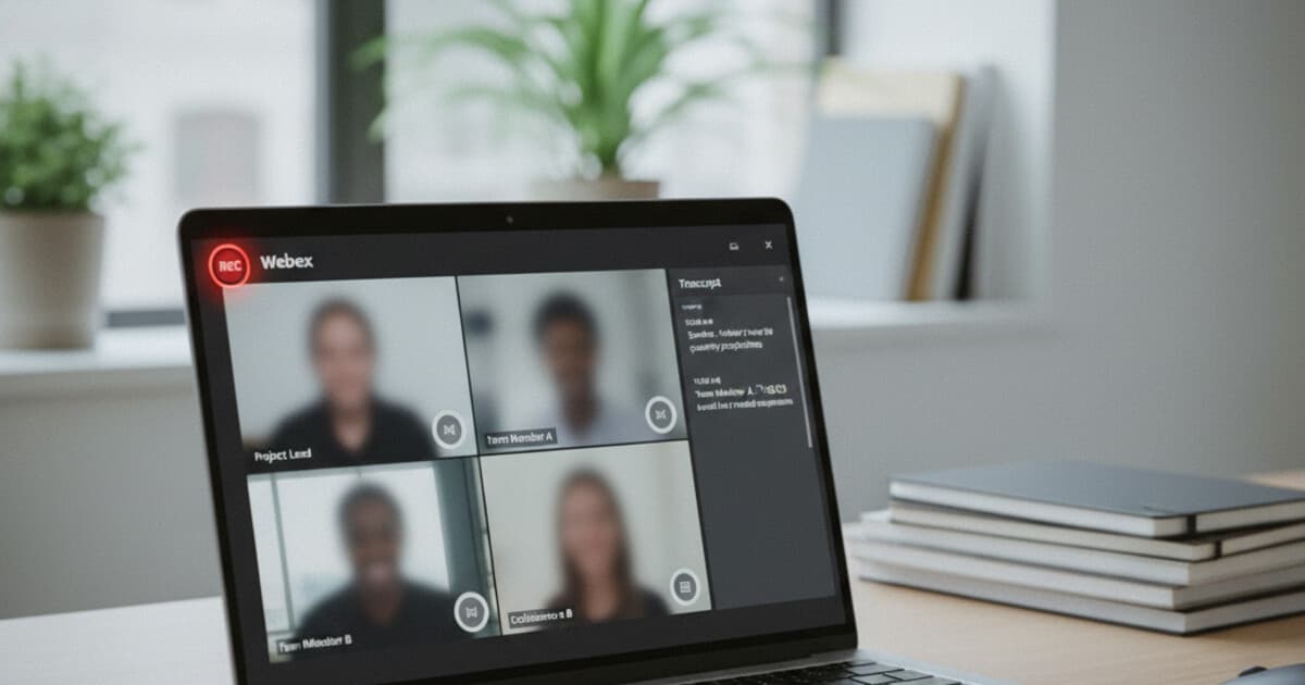 Cisco Webex meeting interface showing a transcript panel open with timestamped speaker text