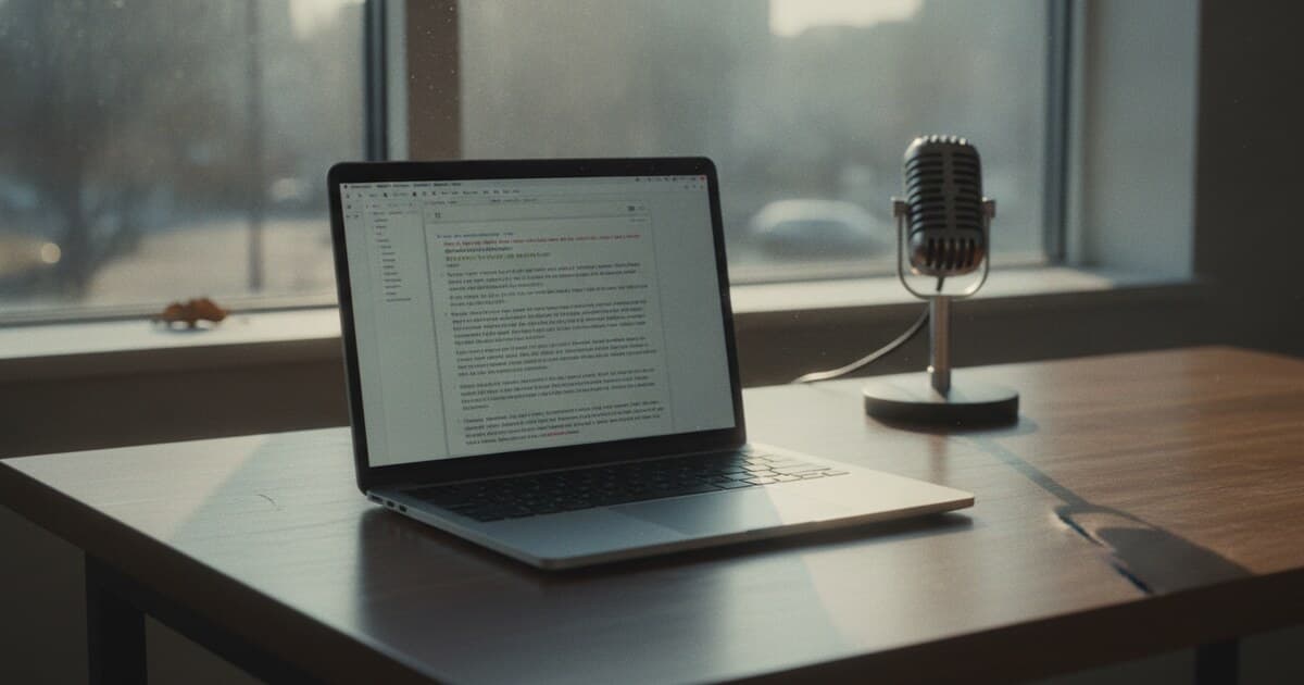 Open laptop on a clean desk showing a text document with a transcript, microphone nearby, soft office lighting